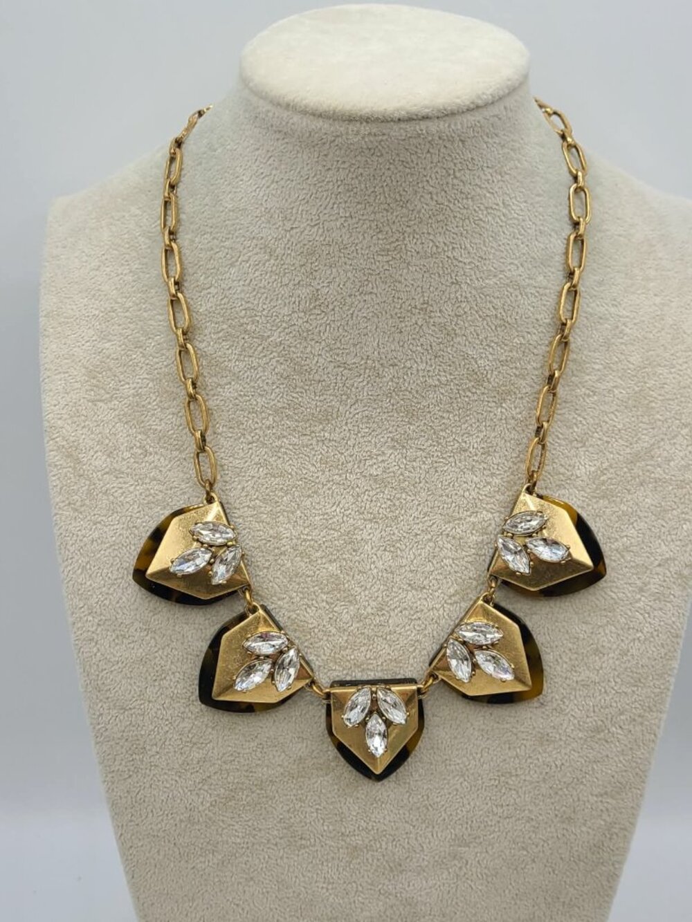 J Crew Gold Tone Tortoise Necklace with Clear Crystals Vintage